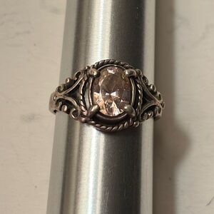 Vintage Sterling Silver and Oval Pink Stone Ornate Ring 6.5